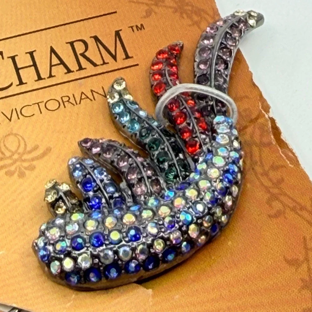 Vintage Raw Charm Victorian Multicolor Rhinestone Wing Hair Pin Gunmetal Tone